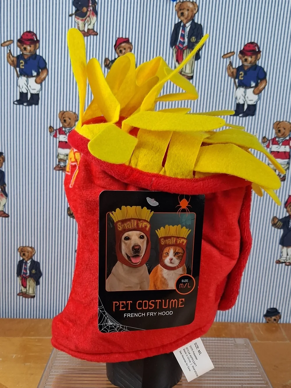 Pet Costume Frenchy Fry Hood Cat Or Dog Halloween Adjustable Velcro Back M/L